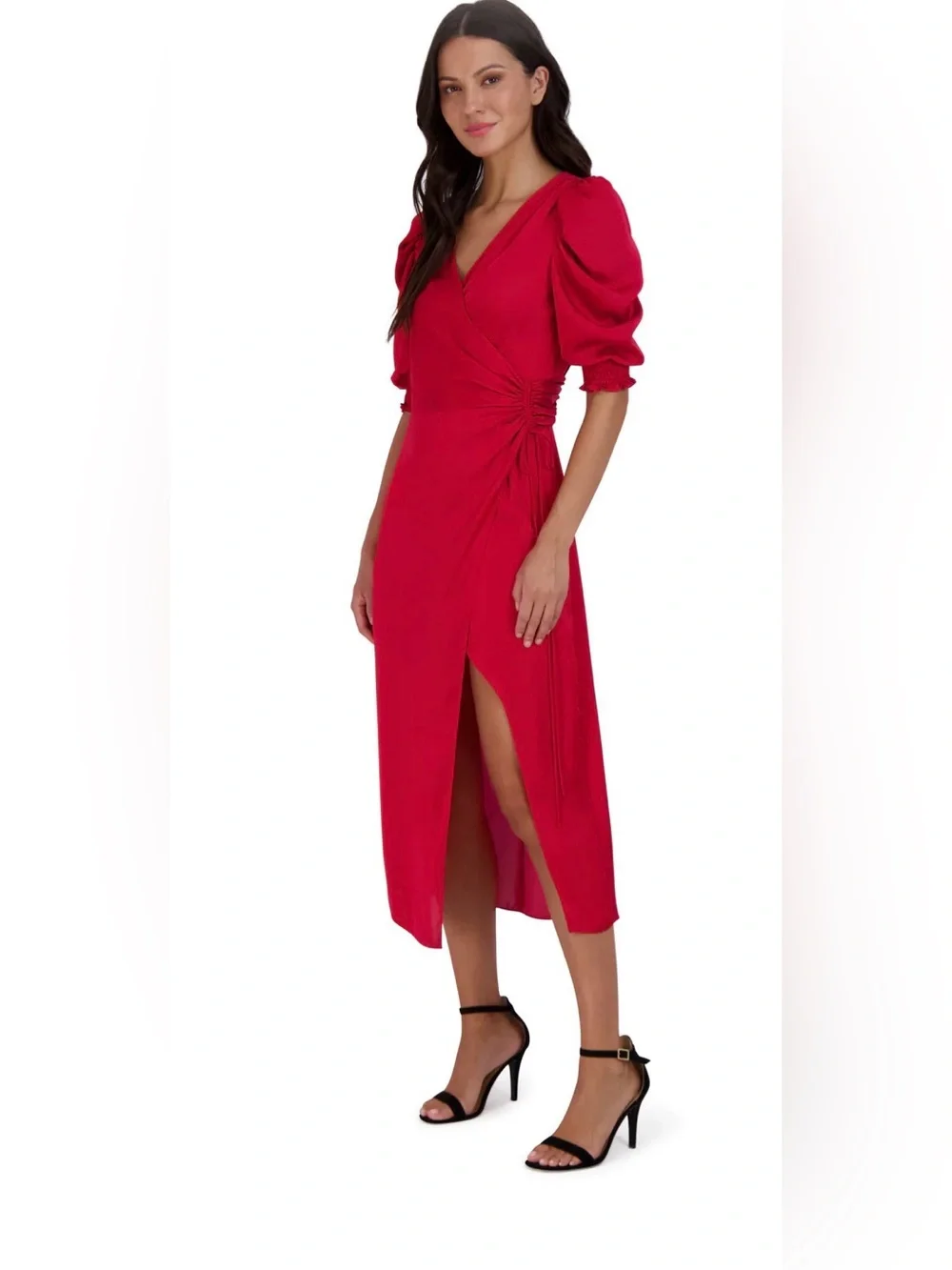 julia jordan Red Wrap Midi Dress with Puff Sleeves